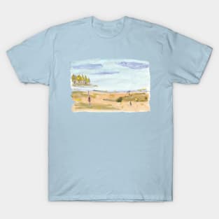 Family on the beach strand at Bjorno Sweden - tan, blue and gold T-Shirt